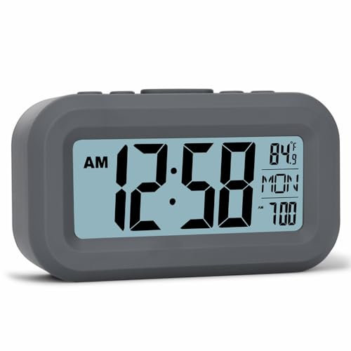 FAMICOZY Small Digital Travel Alarm Clock with Day/Indoor Temperature,Easy to Read and Set,High/Low Auto Backlight,9 Min Snooze,Crescendo Bedside Alarm Clock,Grey