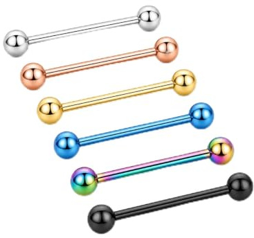Trifletopia Zungen- und Brustwarzenpiercing-Schmuck – 316L Edelstahl Barbell Zungenringe – 1,6 x 16 mm Körperpiercing-Schmuck mit 5-mm-Kugeln – für Damen und Herren – mehrfarbig, 6 Stück
