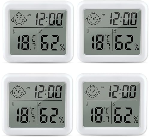 Digital Mini Thermometer Hygrometer, 4 Stück Hygrometer Innen mit 3.2 Zoll Display und hohen Genauigkeit, Temperatur Luftfeuchtigkeitsmesser mit Uhr, raumthermometer für Gewächshaus, Büro und Heim