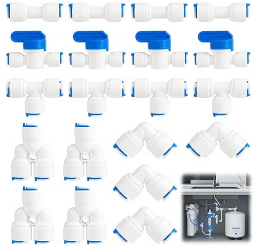 20pcs Wasserzulaufleitung Universal Anschluss Set 1/4 Zoll Wasserfilter Fitting Pushfit Stecker Wasseranschluss RO System Wasserschlauch Verbinder Montage,(Y + T + I + L + Absperrventil)