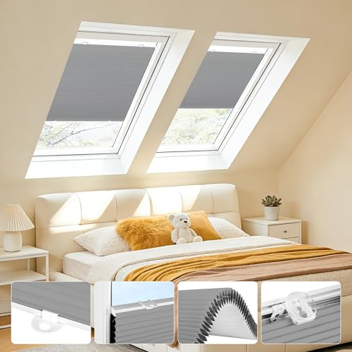 Grandekor Wabenplissee Plissee ohne Bohren Verdunkelung mit extra starken Saugnäpfen, Thermo Doppelplissee für Dachfenster & Fenster, Sonnenschutz Sichtschutz Isoliereffekt,Weiß-Grau 40x120cm