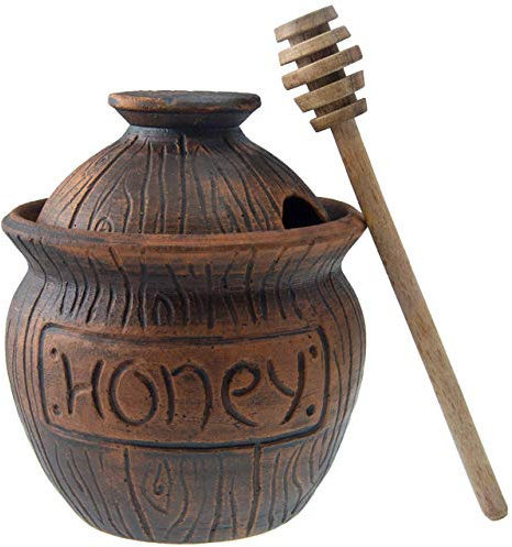 Honey Jar with a Dipper 16oz. Ceramic Honey Pot Made Out of Solid Clay Piece. Honey Container, and a Great Rustic Bowl for Gift (Brown) - Ceramic Beehive Honey Pot with Dipper.
