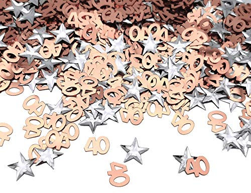 iZoeL 40th Rose Gold Table Confetti Bag 30g incl. 40th Birthday Confetti (1000pcs) Silver Star Confetti Sequin(200pcs) for 40th Birthday Party Wedding Anniversary Table Decoration (Rose Gold 40)