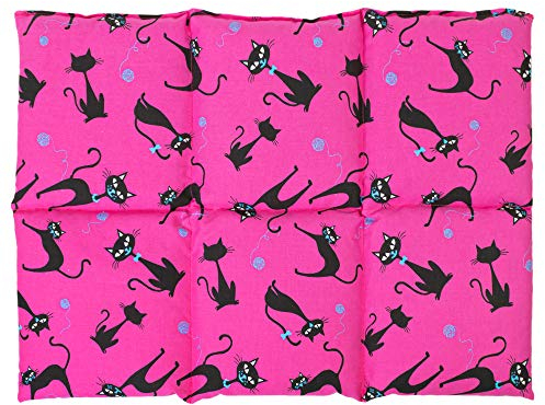 Coussin aux graines de colza 40x30 - Coussin thermique - Compresse aux graines - Bouillotte sèche - dos, ventre, pied etc… (6 compartiments; Design: chat noir - fuchsia)