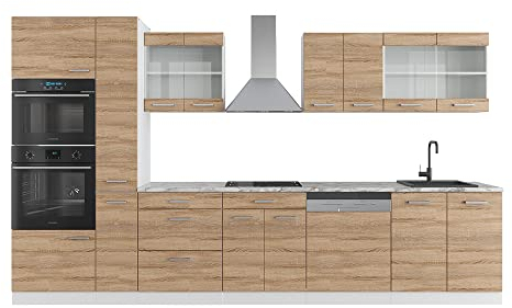 Vicco Küchenzeile R-Line, Sonoma/Weiß, 350 cm mit Hochschrank, AP Marmor