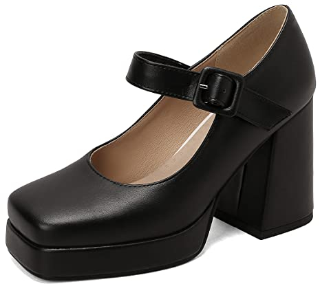Roimaash Damen Klassischer Plateau Pumps Square Toe Blockabsatz Mary Janes Schuhe Retro Dress Schuhe with Schnalle Gemütlich Heels Black Plus Size 48