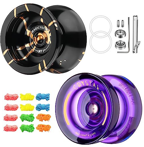 YOSTAR Yoyos Pack, Kunststoff Responsive JoJo K2 Kristall Lila, Metall Unresponsive JoJo N11 Schwarz Golden, Dual Purpose Yoyo für Kinder Anfänger, Trick Yo yo mit glattem Lager Kit