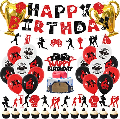 Boxen Geburtstag Party Dekoration - Boxer Match Kampf Sport Supplies, Happy Birthday Banner, Luftballons, Kuchen Topper für Männer Jungen