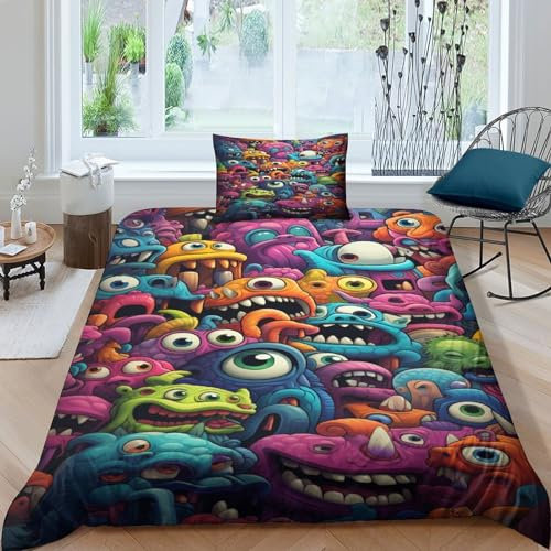 CRJUS Kleine Monster Bettbezug-Set Weiches Mikrofaser-Karikatur Bettwäsche-Set Für Erwachsene Teenager Kinder 3 Stück Mit Reißverschluss Für Heimtextilien Single(135x200cm)