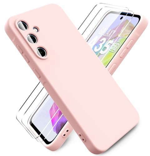 Ikziwreo - Coque pour Samsung Galaxy A35 5G, avec 2 Pièces Protecteur D'écran en Verre Trempé, Housse Silicone Souple Ultra-Mince de Couleur Pure, Coque en Caoutchouc Antichoc - Rose