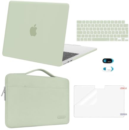 MOSISO Compatible with MacBook Air 13 inch Case M4 M3 M2 2025 2024 2023 2022 A3240 A3113 A2681, Hard Shell&Sleeve Bag&Keyboard Skin&Webcam Cover&ScreenFilm for MacBook Air 13.6 Case, Sage Green