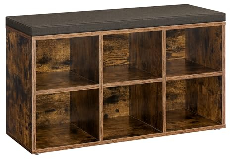 VASAGLE Schuhbank, Schuhregal mit Sitzfläche, Sitzbank mit Stauraum, Kissen, 6 Fächer, verstellbare Ablagen, für Flur, Schlafzimmer, 30 x 87 x 48 cm, vintagebraun-grau LHS023K03