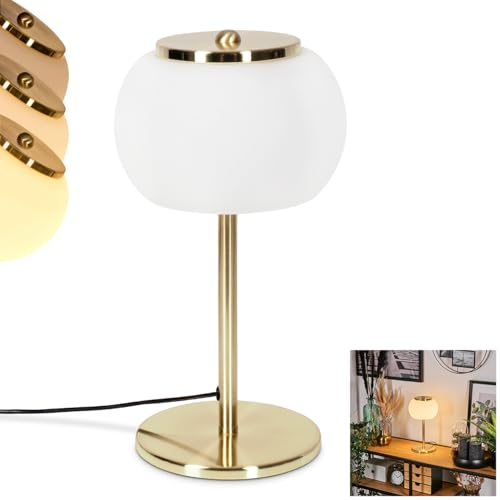 LED Tischleuchte Izenave, dimmbare Tischlampe aus Metall/Glas in Weiß/Gold, Leuchte im Retro/Vintage-Design mit Schirm aus Glas u. An-/Auschalter am Kabel, 1 x LED 8 Watt, 3000 Kelvin, 800 Lumen