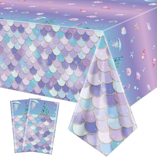 2 Pcs Meerjungfrau Tischdecken, Meerjungfrau Geburtstag Tischabdeckungen, Meerjungfrau Ozean Meer Fisch Schuppen Tischdecken für Mädchen unter dem Meer Baby Dusche Party Supplies, 130x220cm