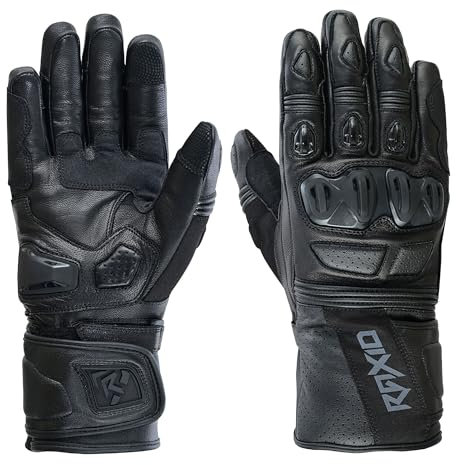 RAXID Motorbike Sports Gloves Motorcycle Rider CE Gloves Black Red Genuine Leather Biker Race Gloves (BLACK, L)