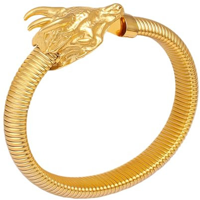 JewelryWe Drache Armband Gold Herren: Vergoldet Drachenkopf Chunky Manschette Armreif Offen Verstellbar Stretcharmband Edelstahl Elastische Schlangenkette Armspange Wikinger Schmuck Geschenk