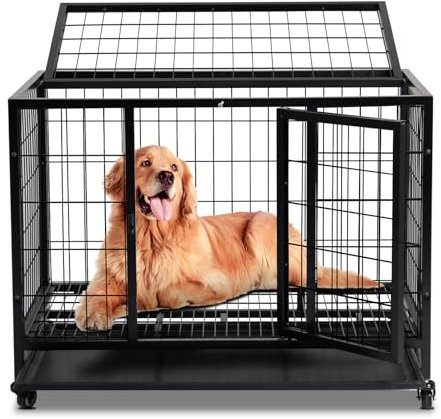 Hundekäfig hochbelastbar, Faltbare Mobile Hundebox, 2 Türen, feststellbare Räder, herausnehmbares Tablett – Für Mittelgroße/Große Hunde – Schwarz (92x62x75 cm)