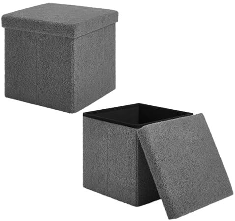 eSituro 2er Set Faltbarer Sitzhocker mit Stauraum, Fußhocker Polsterhocker Sitztruhe Aufbewahrungsbox, bis 300 kg belastbar, aus Teddyfleece, Dunkelgrau