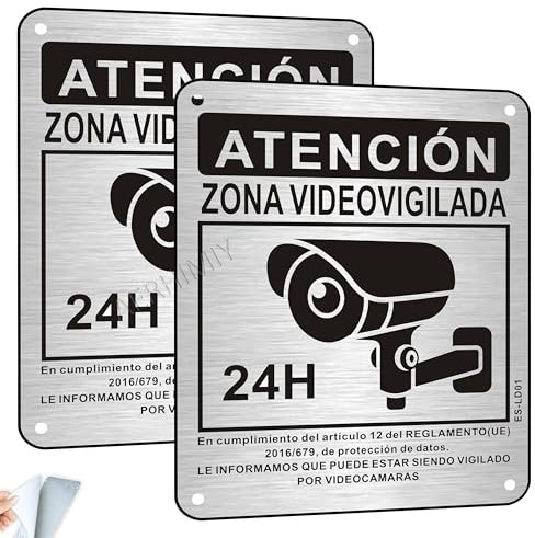 2 Piezas Cartel Videovigilancia Aluminio Cepillado 15x12cm - Con Adhesivo y Agujeros Pre-perforados