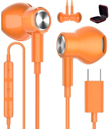 USB C Headphones with Mic for iPhone 17 16 15 USB C Earphones USB Type C Headphone In Ear Earbuds Wired for Samsung A17 A16 A26 A36 A56 S25 S24 S23 S22 S21 Pixel 10 9a OnePlus 13 Nord Mi 15T 14 orange