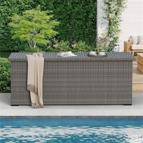 Amopatio 870L Gartenbox Auflagenbox wasserdicht, Kissenbox outdoor aus Polyrattan, Aufbewahrungsbox Metall mit Gasdruckfedern, Gartenkiste wetterfest für Garten, Balkon, Grau