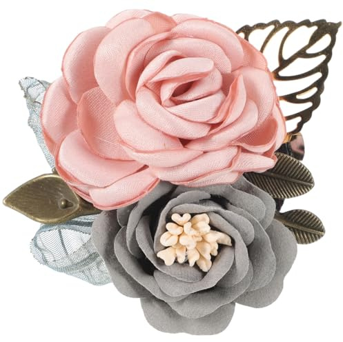 Mipcase Broche Fleur Tissu 7,5 cm Rose & Gris – Épinglette & Pince Cheveux 2-en-1 pour Robe de Mariée, Décoration Table, Cadeau Fête des Mères