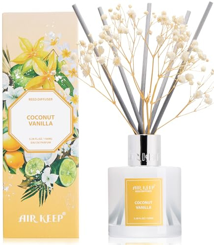 Airkeep Raumduft Coconut Vanilla – Reed Diffuser mit 8 Duftstäbchen, langanhaltender Lufterfrischer für Badezimmer, Schlafzimmer & Wohnzimmer, stilvolle Heimdekoration, 100m