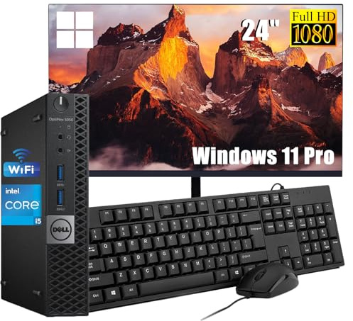 Dell Optiplex 5050 - Mini PC con monitor de 24 pulgadas, Intel Core i5-6500, 8 GB de RAM, SSD de 256 GB, teclado estadounidense QWERTY, WiFi, Bluetooth, Windows 11 Pro (renovado)