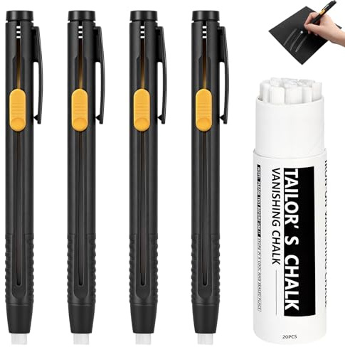 Set di Gessetto da Sarto Termocancellabile con 20 Ricariche Bianche, 4 Pennarelli per Tessuti Senza Sbavature, Gessetto Cancellabili per Tessuti per DIY Cucito Quilting Ricamo, Accessori Cucito
