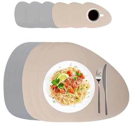 Relaxdays Platzdeckchen mit Untersetzern, 6er Set, Kunstleder, 30 x 40,5 cm, abwischbar, ovales Tischset, grau/beige