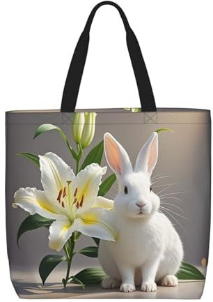 LMNGH White Rabbit And Lilies Womens Tote Bag Large Reusable Grocery Bags Casual Shoulder Bags For Shopping, Travel, Work Gift For Women