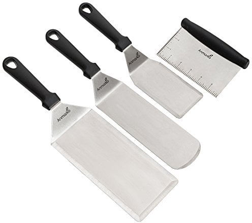 Lot de Spatules en Acier Inoxydable – Grattoir, Spatule Plate, Spatule à Pancake, Pelle à Hamburger – Super Ustensiles en Métal pour Barbecue et Grill – Accessoires pour Plaque en Fonte – Par Anmarko