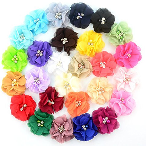 27 Stück sortierte Farben Baby DIY Blumen Stirnbänder Dekorative Hochzeit Blumen Handarbeit Strass Band Blumen Frauen Mädchen Chiffon Stoff Blumen (5,5 cm – 27 Farbe)