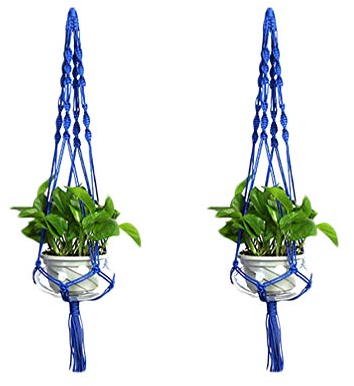 LANGUGU Set mit 2 Makramee-Pflanzenaufhängern, Nylonseil, Wandbehang, Pflanzkorb für drinnen und draußen, Blumentopf, Wandkunst, Vintage-inspirierte Heimdekoration, 4 Beinen, 99.1 cm (Blau)