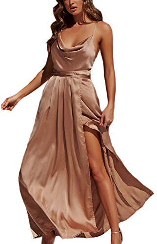 Yimeili Robe longue en satin pour femme - Col en V - Dos nu - Pour cocktail, fête, mariage, Col bénitier doré, Taille XL