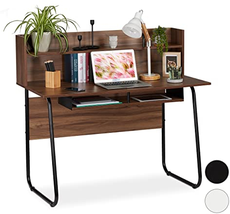 Relaxdays Schreibtisch, Ablagefläche unter Arbeitsplatte, Zusatzablage, Kabeldurchlass, HBT 109x120x60 cm, braun/schwarz