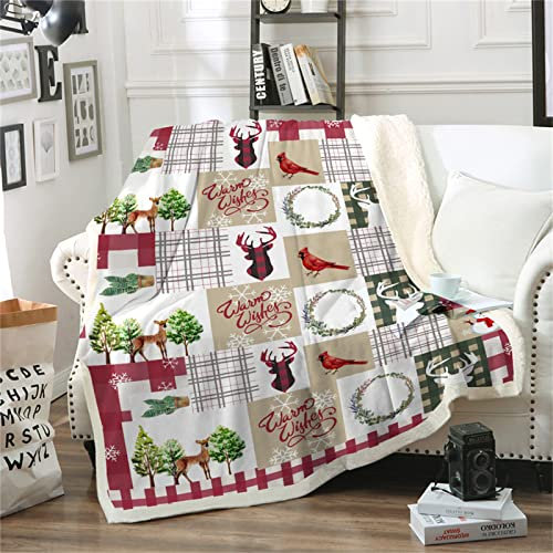 WONGS BEDDING Weihnachts Kuscheldecke 130x150 Sherpa Decke Roter Elch Fleecedecke Reversibel Sofadecke Couchdecke weiche warm Wohndecke als Christmas Geschenk für Sofa Bett