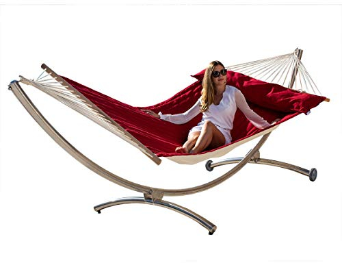 Hängemattenset Lola Royal Deluxe Edelstahl Hängemattengestell mit Luxus Stabhängematte American Fuego RED