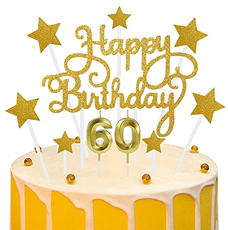 Lifreer 60th Gold Cake Decorations Including Happy Birthday Cake Toppers, Stars Topper and 60th Birthday Number Candles for Birthday Party Anniversary Wedding (Glitter Gold)
