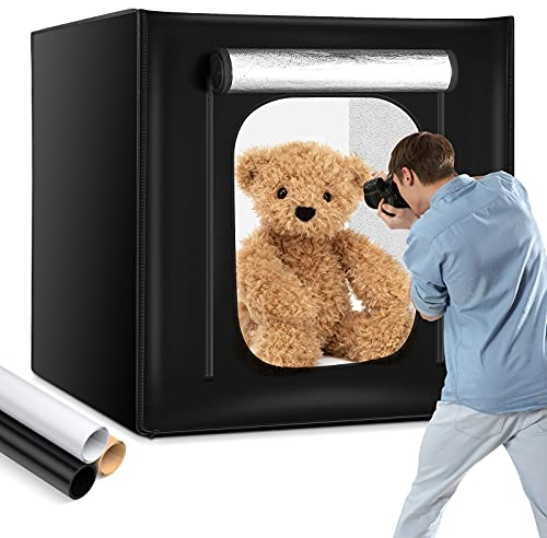 Fotobox, OMBAR Fotostudio Lichtbox, 80x80x80cm Dimmbare 210pcs LED Beleuchtung Lichtzelt 5600K mit 3 Hintergründe (Weiß, Schwarz, Orange) für Professionelle Fotografie
