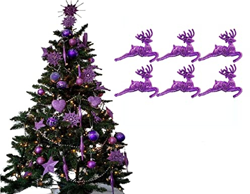Pack of 6 - Hanging Glitter Reindeer Christmas Tree Decorations - 2.2cm x 9.5cm (Lilac)
