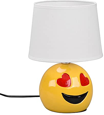 etc-shop Nachttischlampe Keramik Tischlampe für Schlafzimmer Wohnzimmerlampe Tischlampe Modern, Emoji mit Herzaugen gelb, Textil weiß, E14 Fassung, DxH 18x26 cm