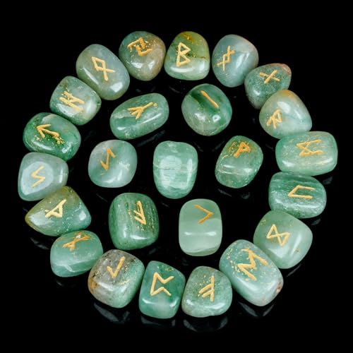 Cristales de jade verde y piedras curativas, juego de runas, runas vikingas, piedras rúnicas de Futhark anciano, energía positiva, juego de adivinación de cristal, suministros de reiki, cristal verde,