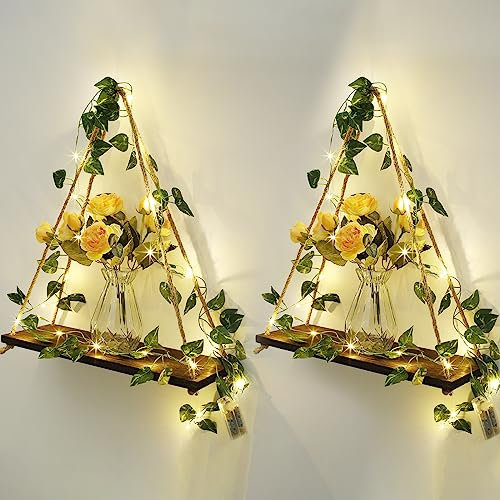 2 Pack Holz Schweberegale mit LED Lichterkette Künstlicher Efeu, Boho Wandbehang Regal Gefälschte Efeu Girlande Reben für Zuhause Schlafzimmer Dekoration Wanddisplay Dekor Regal für Pflanzen Foto