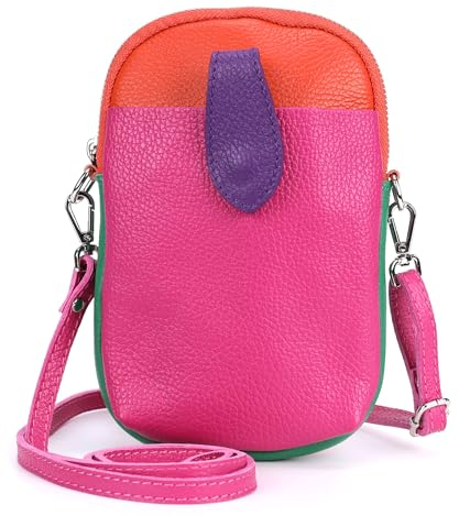 Kleine Damen Leder Umhängetasche, Ital. Handtasche Handy Echtleder, Crossbody Schultertasche für Frauen Mädchen, 0002111070, Tasche Farben:Bunt