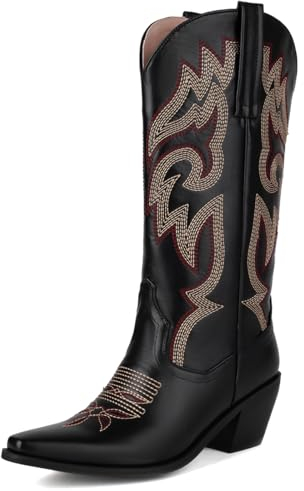 Roimaash Donna Embroidered Stivali Western Knee High Stivali Cowboy Wide Calf Block Heel Sewing Cowgirl Metà Stivaletti Black Size 39