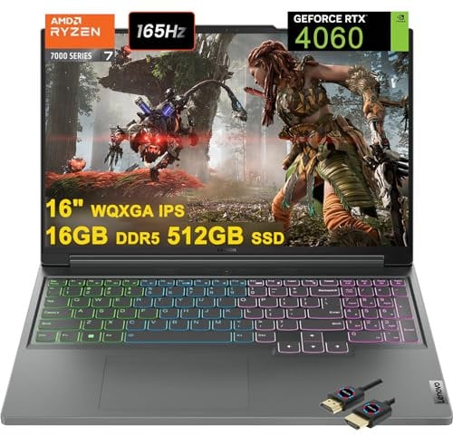 Lenovo Legion Slim 5 Gaming Laptop | 16 WQXGA 165Hz 100% sRGB | AMD Zen4 8-core Ryzen 7 7840HS | 16GB DDR5 512GB SSD | GeForce RTX 4060 8GB | RGB Backlit Rapid Charge Win11Pro Grey + HDMI Cable