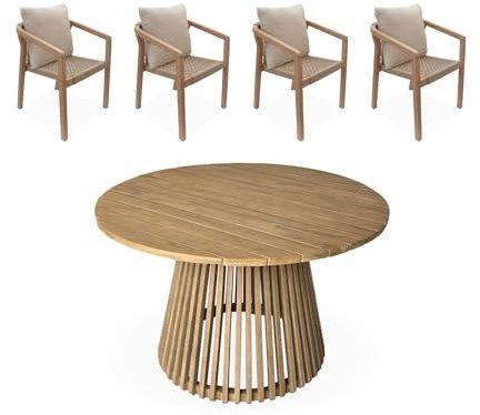 sweeek - Table à Manger Bois d'acacia Ronde. intérieur/extérieur + 4 chaises en Bois et Corde Beige