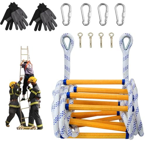 Escalera de Cuerda de Escape de Incendio, 5M Escalera de Emergencia para Cuerda de Escape de Incendios con Mosquetón y Guantes, Capacidad de Peso de hasta 200KG para Emergencia Evacuación Rescate (5M)