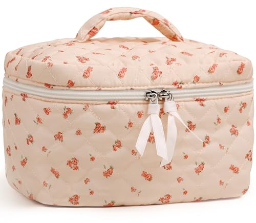 Prite Aesthetic Floral Kosmetiktasche Niedliche Kulturtasche aus Baumwolle mit Gesteppte Muster Reise Kulturbeutel oder Make Up Tasche für Damen und Mädchen (Rosa Blume)